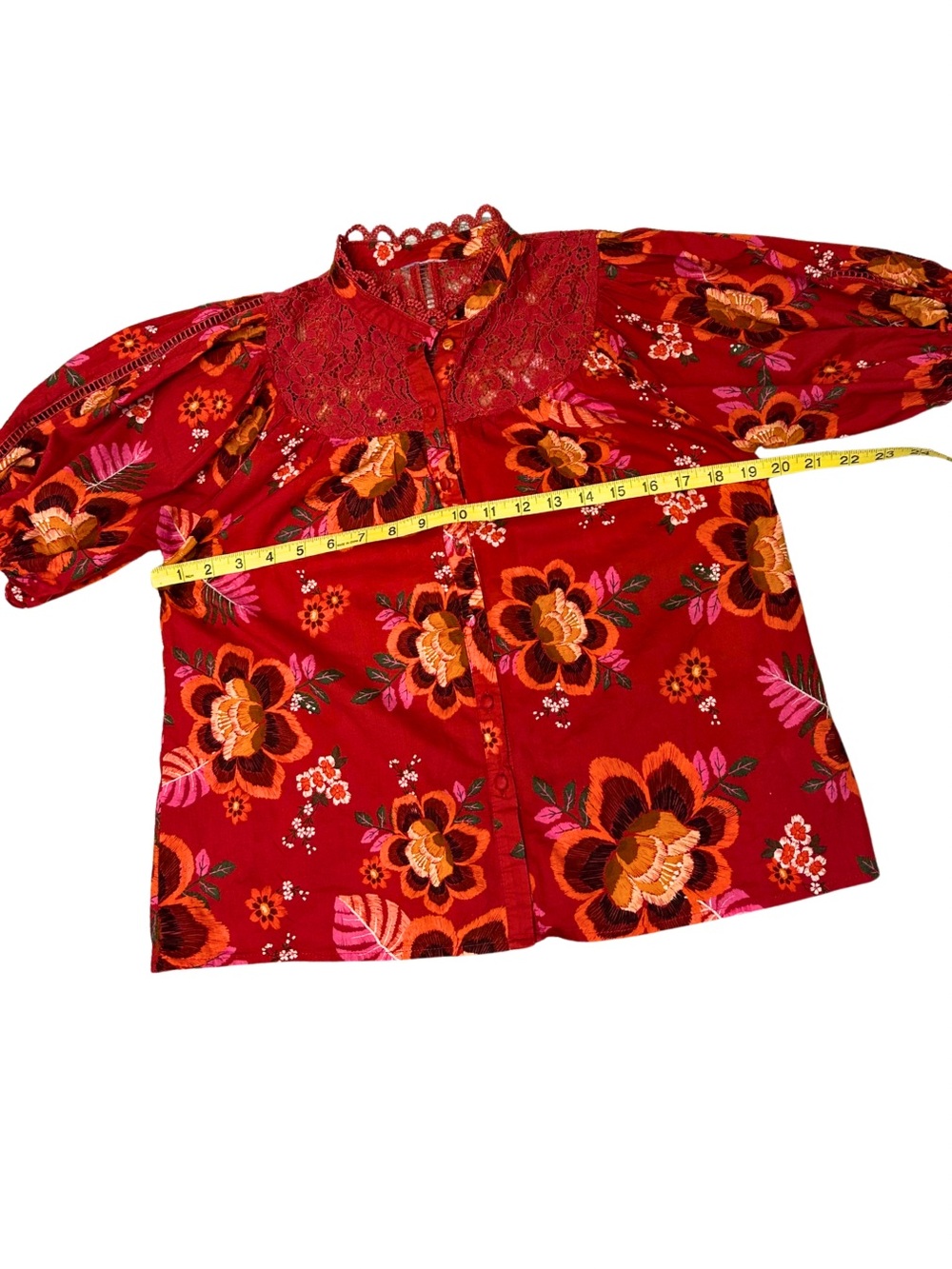 FARM Rio Women’s XS Floral Puff Sleeve Lace Button Blouse Red Boho Cottagecore - Picture 10 of 11